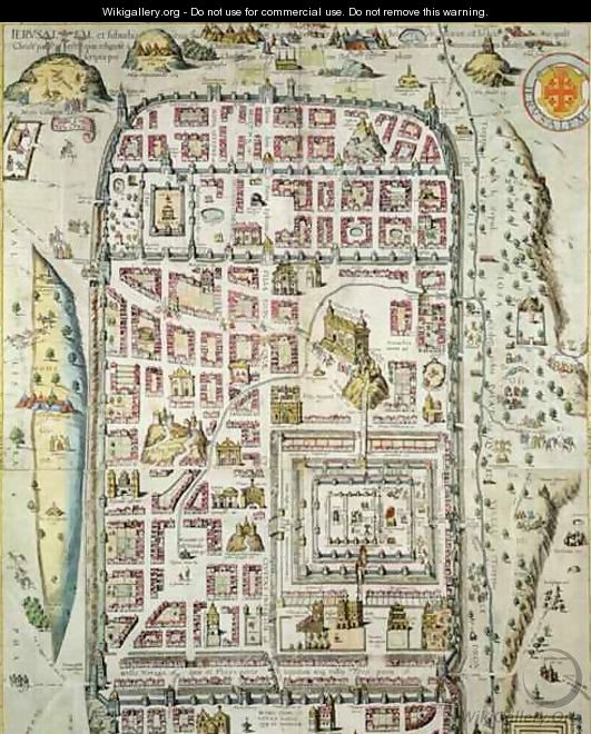 Map of Jerusalem and the surrounding area from Civitates Orbis Terrarum 3 - (after) Hoefnagel, Joris