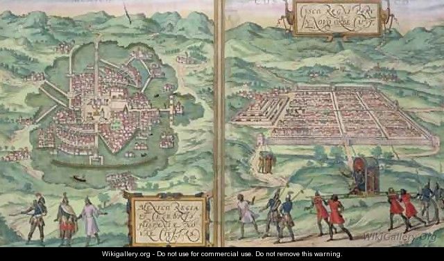Map of Mexico and Cuzco from Civitates Orbis Terrarum - (after) Hoefnagel, Joris