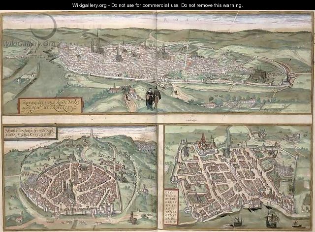 Town Plans of Rouen Nimes and Bordeaux from Civitates Orbis Terrarum - (after) Hoefnagel, Joris