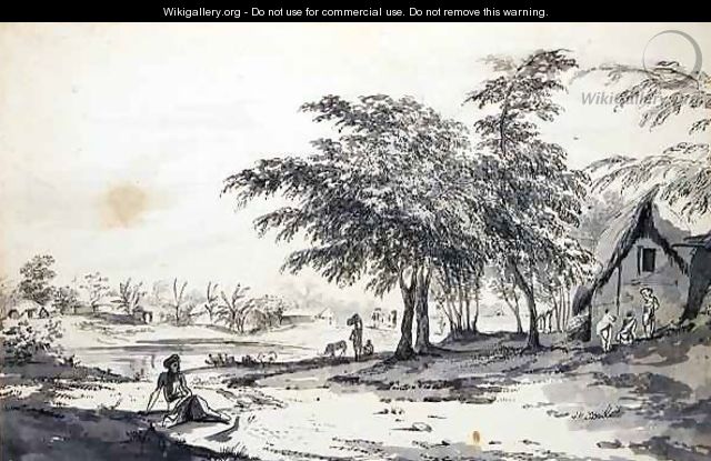 View of an Indian Village with a Man Seated in the Foreground - William Hodges
