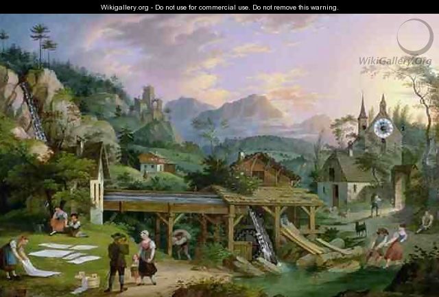 Picture Clock with scene of an Alpine village landscape with clock mechanism in church tower - C. L. Hoffmeister