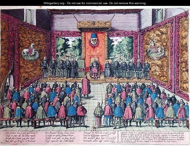 The Emperor Charles V 1500-58 announces the abdication of his power over the Low Countries to his son and heir Philip II 1527-98 before the court at Brussels on the 25th October 1555 - Franz Hogenberg