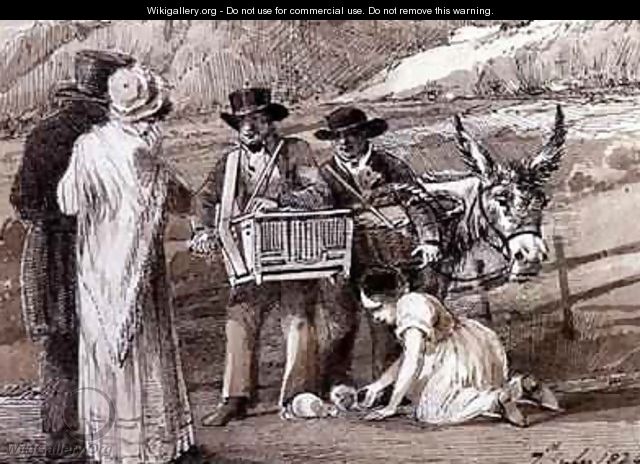 Two men selling guinea pigs one with an organ grinder - John Harden