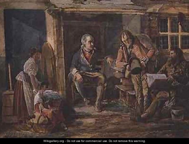 Group including a soldier outside a cottage door - John Harden