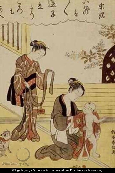 A mother dressing her young son in a kimono - Suzuki Harunobu