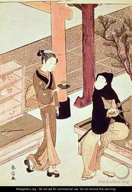 Osen of the Kagiya serving tea to a customer - Suzuki Harunobu