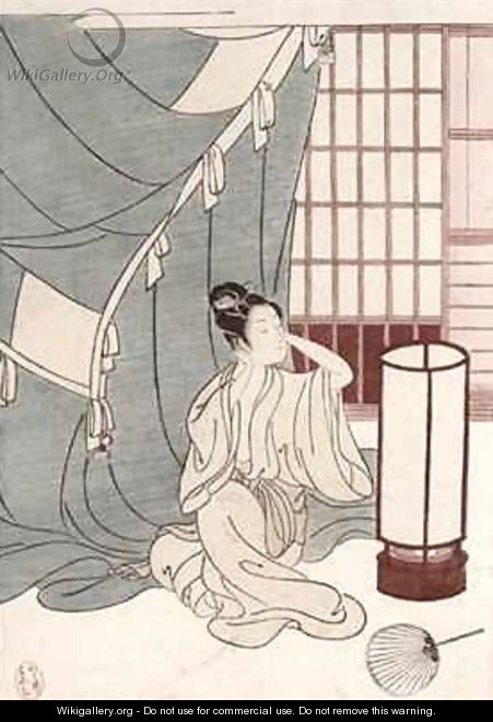 Young woman kneeling by her mosquito net - Suzuki Harunobu