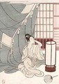 Young woman kneeling by her mosquito net - Suzuki Harunobu
