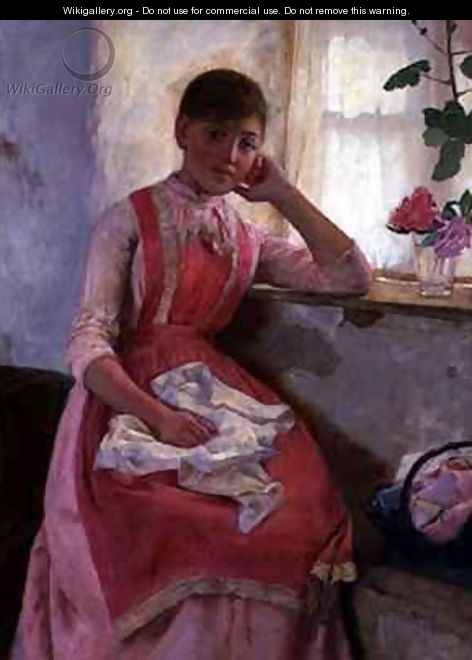 Portrait of a girl in a pink apron - Edwin Harris