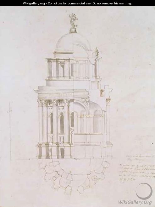 Elevation cross section and plan of an unrealised baptistery for St Pauls Cathedral - Nicholas Hawksmoor