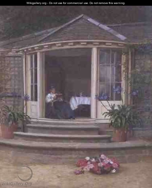 Lady Reading over Tea in a Conservatory - Jessica Hayllar