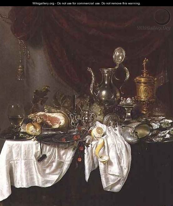Still life with a ham overturned nautilus cup and oysters on a draped table - G.W. & Ring, P. de Heda