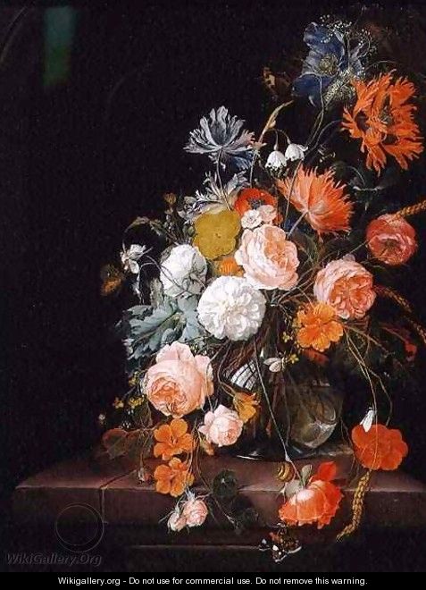 Still Life with Roses Poppies and Ears of Corn - Cornelis De Heem