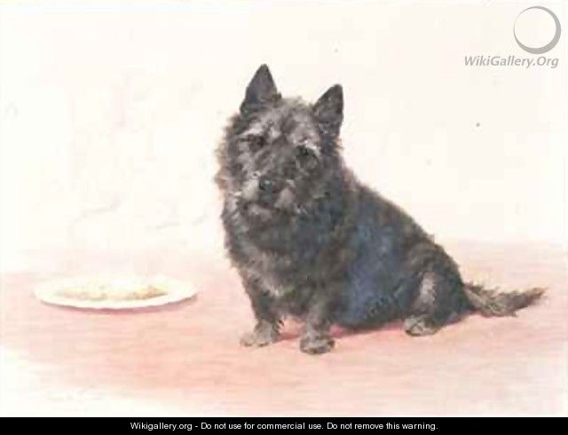 Suppertime a Scottish terrier sitting by a plate - Maud Earl
