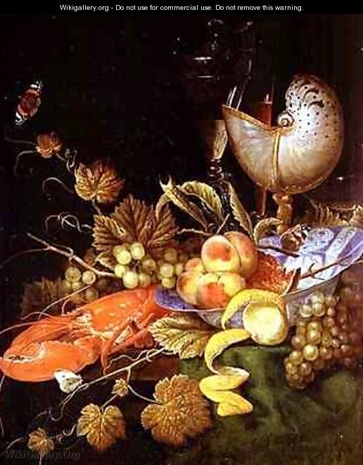 Still life with peaches pomegranate lobster grapes and butterflies - Ottmar The Elder Elliger