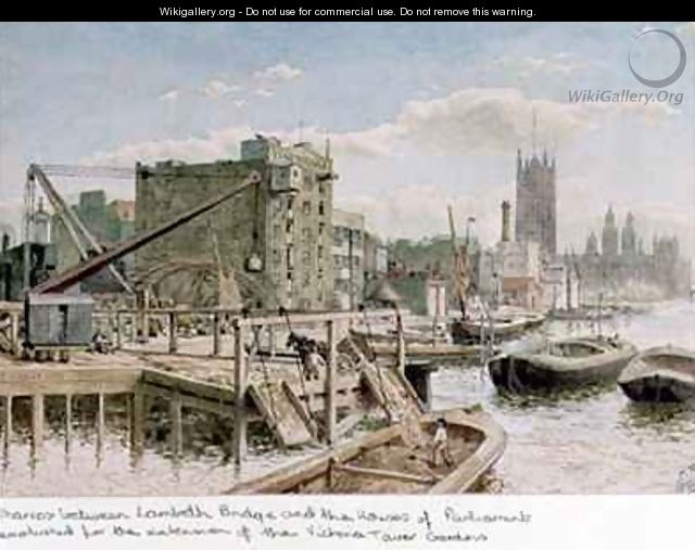 Riverside View of the Wharves between Lambeth Bridge and the Houses of Parliament - John Phillipp Emslie