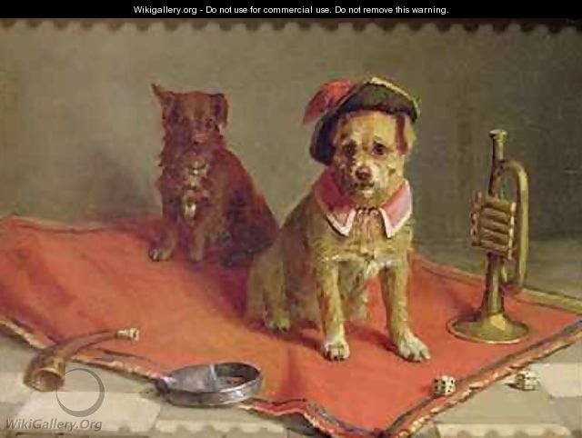 Dog in military hat and collar with trumpet and dice - Charles van den Eycken
