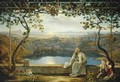 Monk sitting on a Terrace overlooking Lake Nemisee - Joachim Faber