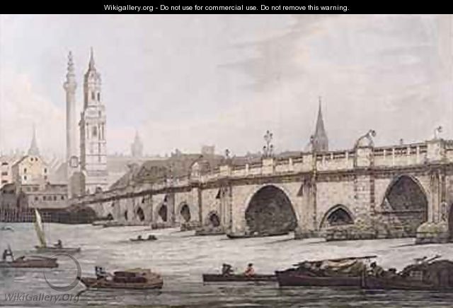 View of London Bridge including the Church of St Magus and The Monument - (after) Farington, Joseph