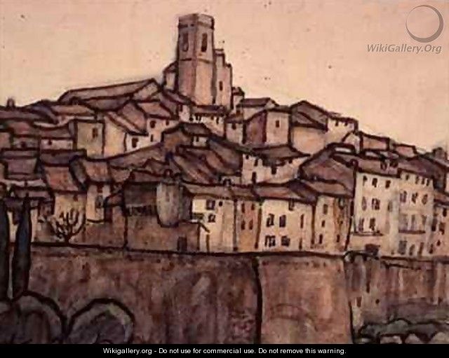 View of a Walled Town with Roof Rising to a Square Tower on a Hill - Anne L. Falkner