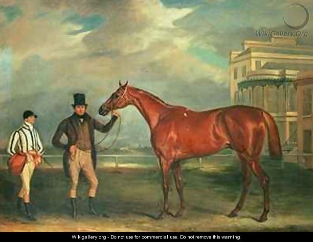 General Chasse a chestnut racehorse being held by his trainer with his jockey J Holmes standing by on Aintree racecourse - John Ferneley, Snr.