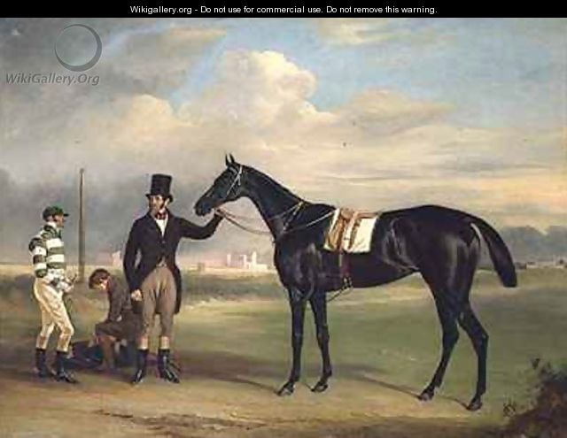 Pussy a dark brown racehorse with his trainer Old John Day Mr T Cosby and W B Day at Epsom - John Ferneley, Snr.
