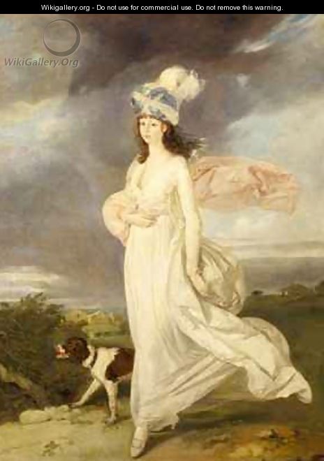 Windswept girl in a turban walking with a dog - Arthur William Devis