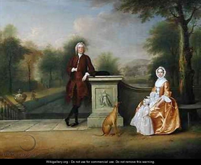 The Hon Robert Cholmondeley his wife and son in a garden - Arthur Devis