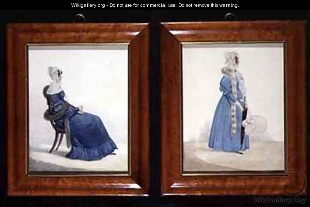 Two portraits of a Seated and a Standing Lady in Blue Dresses - Richard Dighton