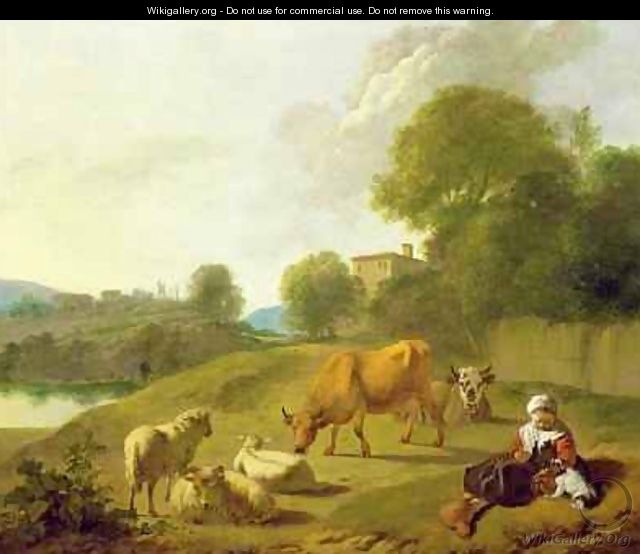 A River Landscape with Cattle Sheep and a Young Girl Playing with a Dog - Simon van der Does
