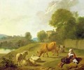 A River Landscape with Cattle Sheep and a Young Girl Playing with a Dog - Simon van der Does