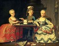 A boy and two girls building a house of cards with other games by the table - (attr. to) Drouais, Francois-Hubert