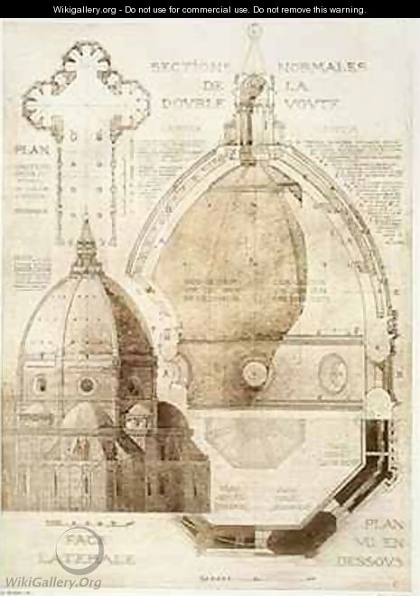 Plan Section and Elevation of Florence Cathedral from Fragments dArchitecture du Moyen Age et de la Renaissance 2 - (after) Duquesne, Eugene