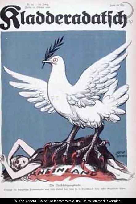 France as the dove of peace with eagles claws trapping a caricature of the Rhine - Werner Gahmann