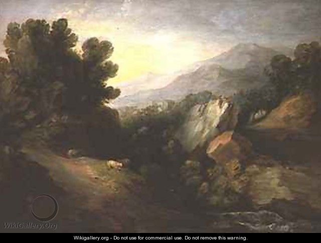 Rocky wooded landscape with sheep by a waterfall - Thomas Gainsborough