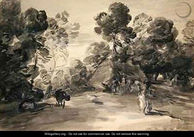Wooded landscape with figures cottage and cow - (after) Gainsborough, Thomas