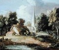 Landscape with a Church Cottage Villagers and Animals - Thomas Gainsborough