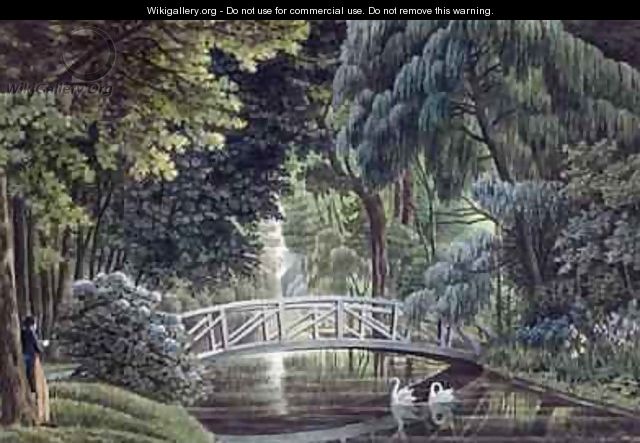 View of the Wooden Bridge on the River near the Statue of Diane from Views of Malmaison - Auguste Simon Garneray