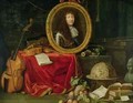 Still life with portrait of King Louis XIV 1638-1715 surrounded by musical instruments flowers and fruit - Jean Garnier