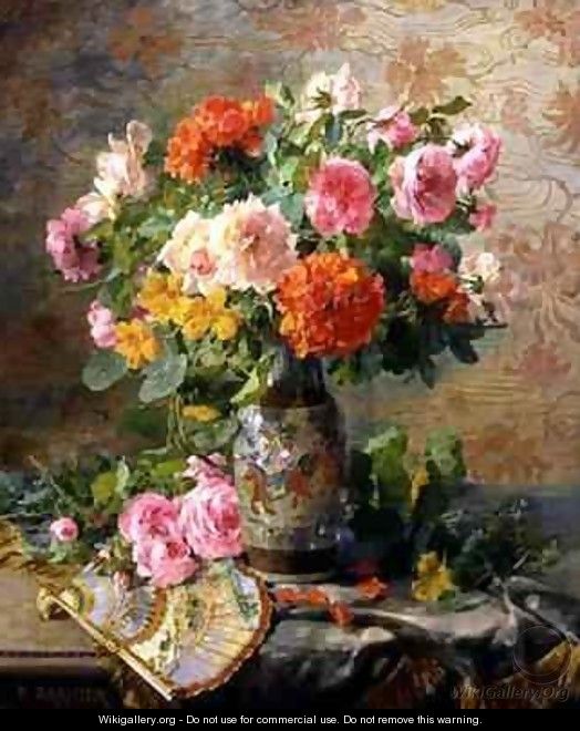 Vase of Flowers and a Fan - Pierre Garnier