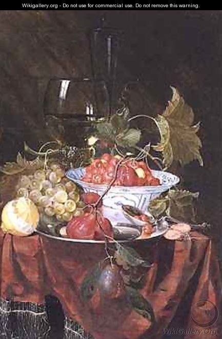 Still life with wild strawberries plums grapes and a lemon on a draped ledge - Nicolaes Van Gelder
