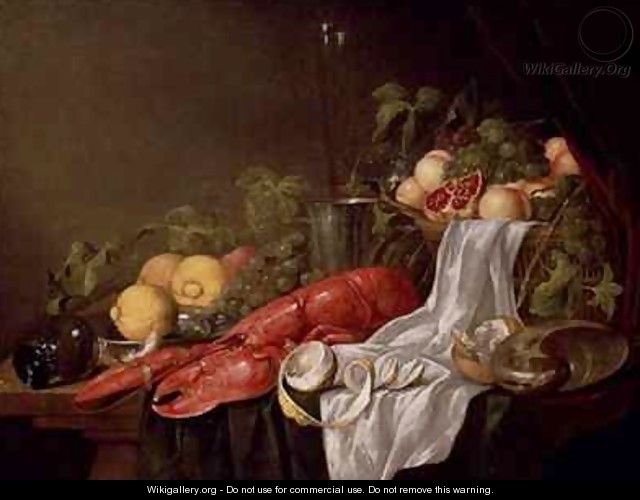 Still life of fruit and a lobster on a cloth draped table - Jasper Geerards