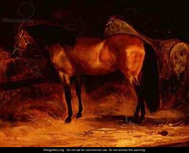 Light bay and grey horses in a stable - Theodore Gericault