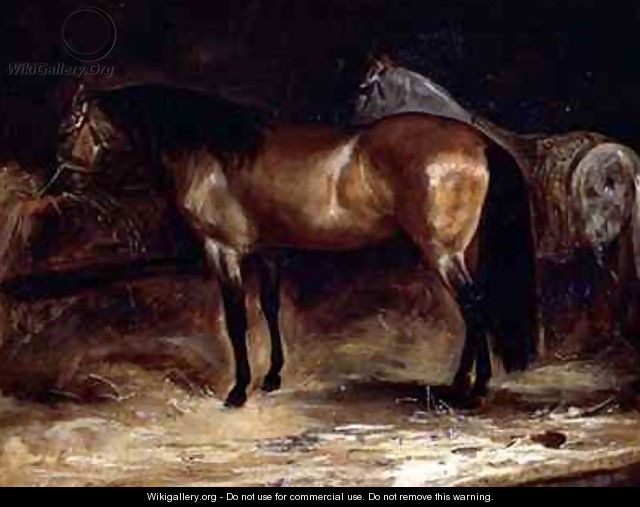 A Bay Horse at a manger with a grey horse in a rug - Theodore Gericault