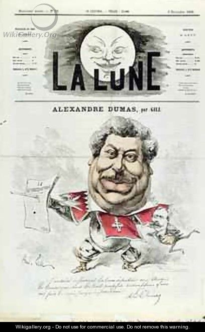 Caricature of Alexandre Dumas pere 1803-70 as a Musketeer from the front cover of La Lune magazine - Andre Gill