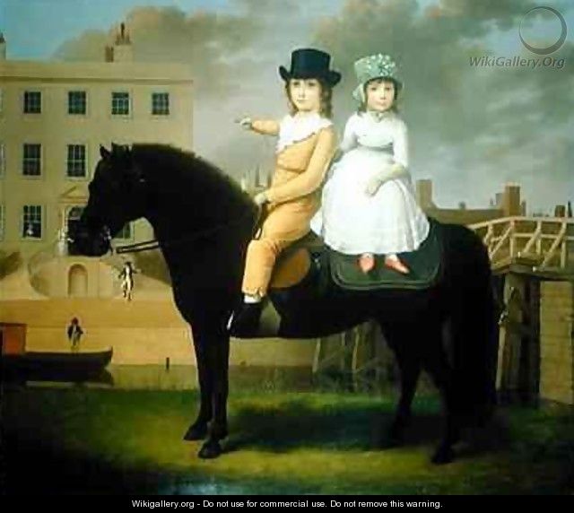 Two Children Seated On A Black Pony - Nathan Theodore Fielding