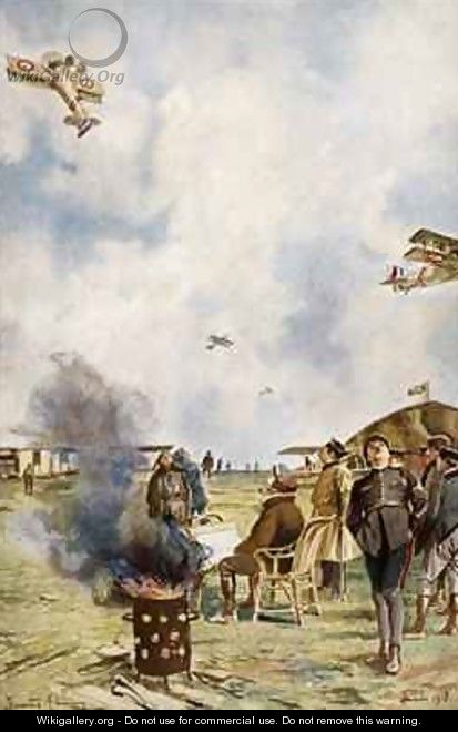 At a French pilot training centre a SPAD fighter plane loops the loop - Francois Flameng