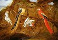 A scarlet blue and gold macaw with cockatoos and other birds in a landscape - Jan Baptist van Fornenburgh