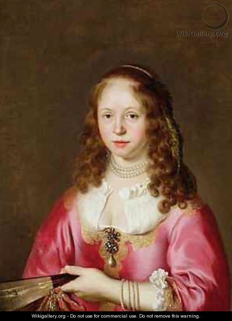 Portrait of a Girl in a Pink Dress Holding a Fan - Govert Teunisz. Flinck