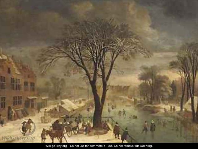 Winter Scene with Skaters on a Frozen River - Jacques Fouquieres